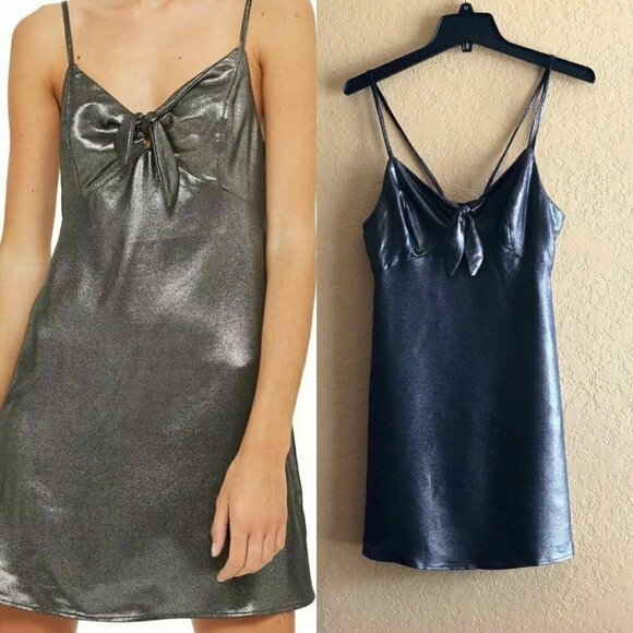 Topshop Gray Metallic Tie Front Slip Dress Size 4 - Picture 1 of 12